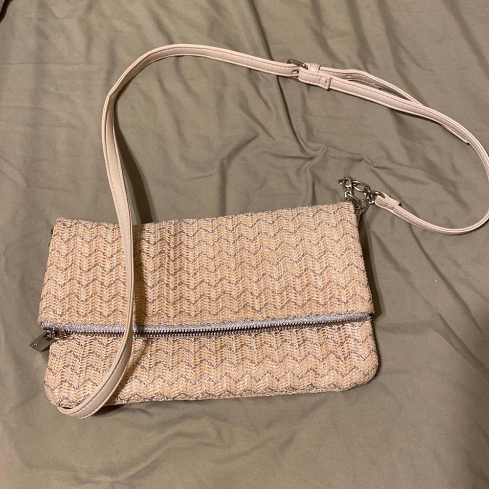 Deux Lux beige Metallic blend woven crossbody bag with long strap